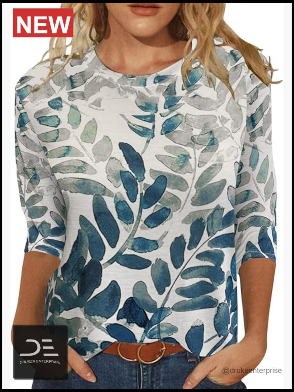 Women's 3/4 Sleeve Tunic Blouse Floral Print Loose Fit Pull On Top